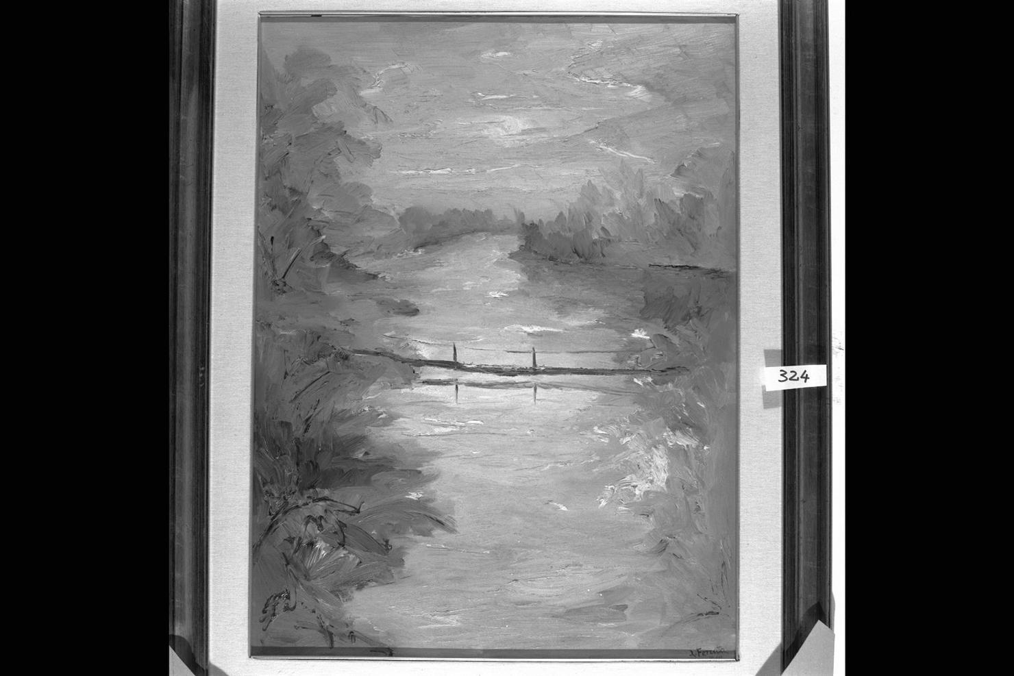 Passerella sul fiume, paesaggio fluviale (dipinto) di Ferrata Luigi (sec. XX)