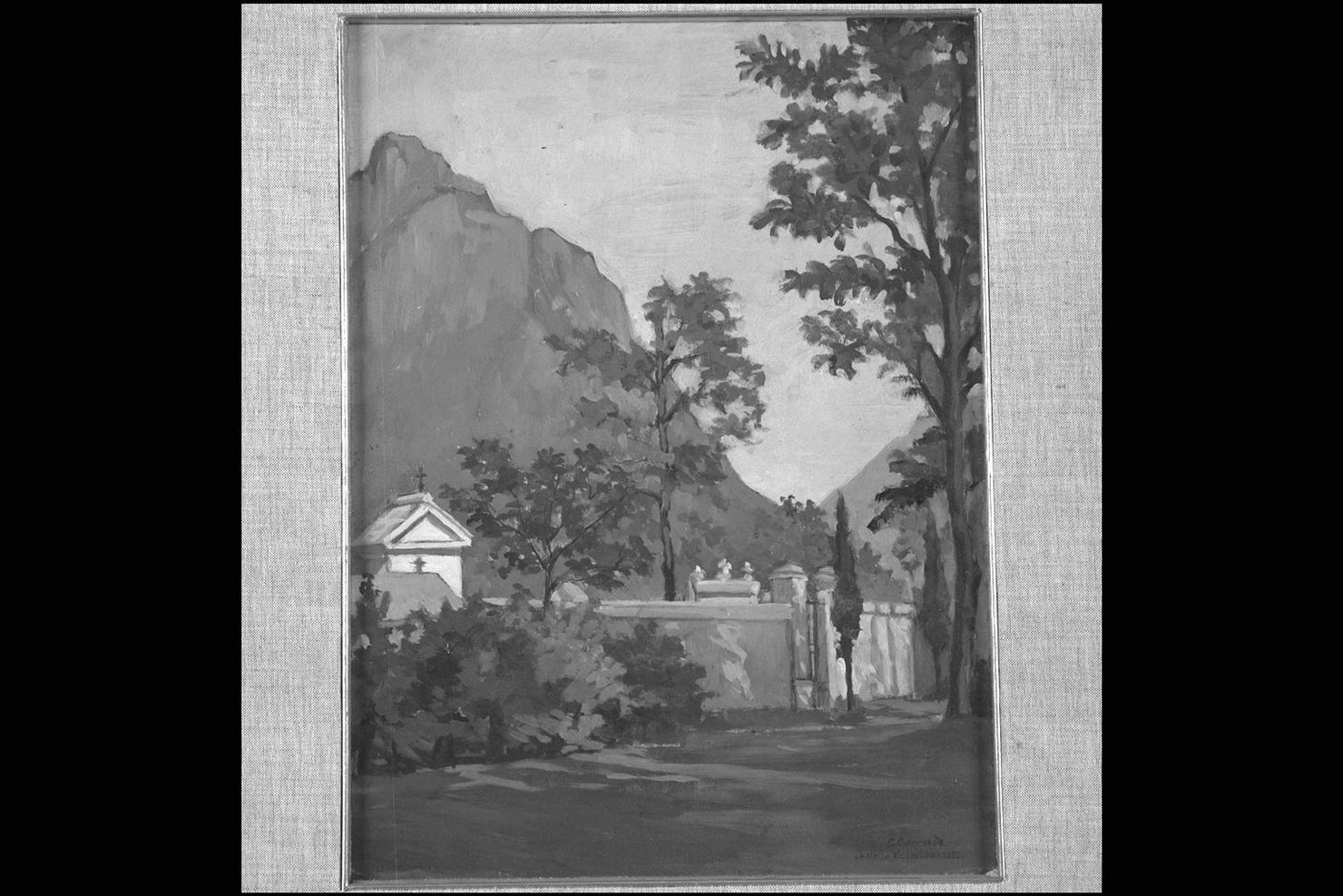 Cimitero di nonna Teresa, paesaggio con cimitero (dipinto) di Corradi Corrado (sec. XX)