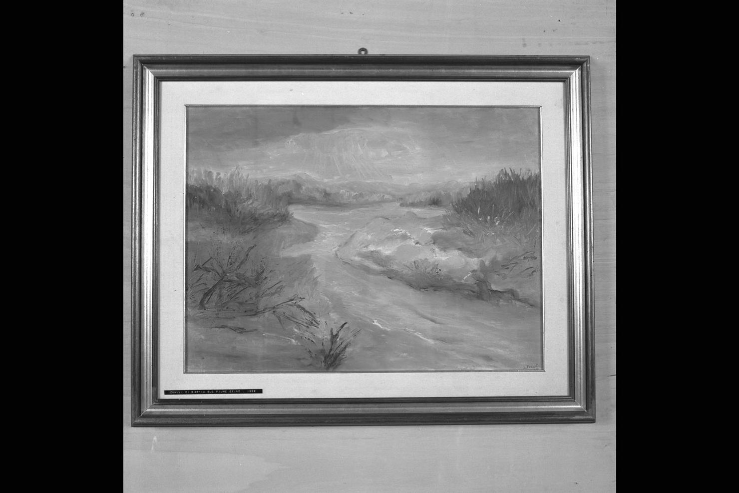 Cumuli di sabbia sul fiume Esino, paesaggio (dipinto) di Ferrata Luigi (sec. XX)