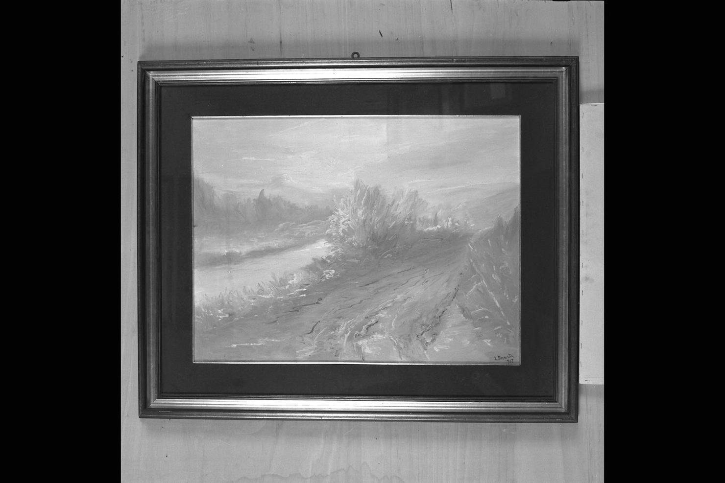 Inverno sul fiume Esino, paesaggio fluviale (dipinto) di Ferrata Luigi (sec. XX)