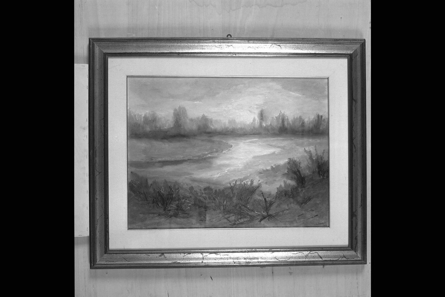 Tramonto sul fiume Esino, paesaggio fluviale (dipinto) di Ferrata Luigi (sec. XX)
