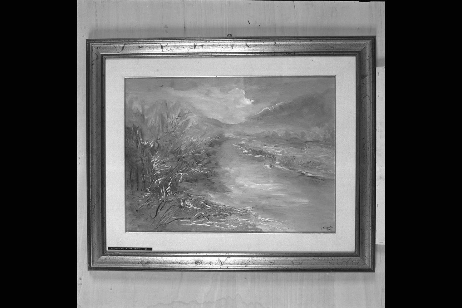 Autunno sul fiume Esino, paesaggio fluviale (dipinto) di Ferrata Luigi (sec. XX)