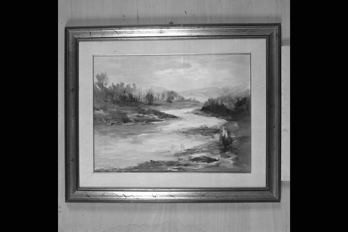 Fiume Esino, paesaggio fluviale (dipinto) di Ferrata Luigi (sec. XX)