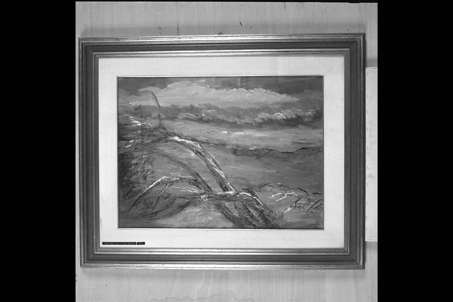 Burrasca sul fiume Esino, paesaggio fluviale (dipinto) di Ferrata Luigi (sec. XX)