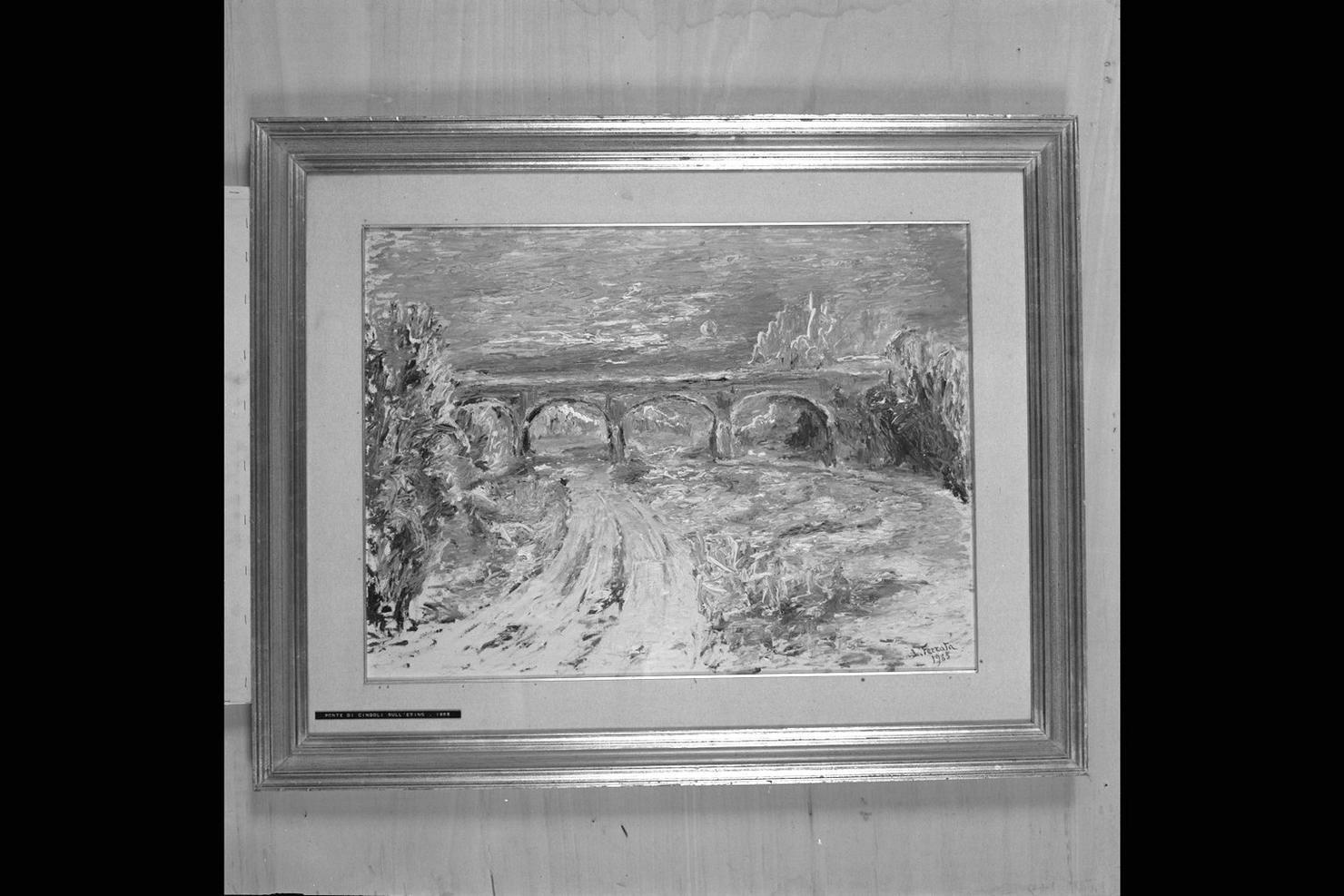 Ponte di Cingoli sull'Esino, paesaggio fluviale con ponte (dipinto) di Ferrata Luigi (sec. XX)