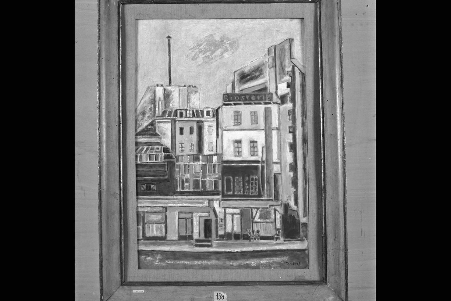 Brasserie, veduta di Parigi con palazzi e brasserie (dipinto) di Tamburi Orfeo (sec. XX)