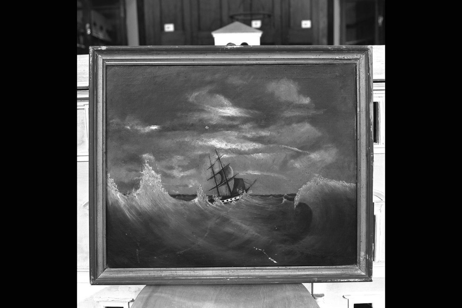 mare in burrasca con veliero (dipinto) - ambito marchigiano (sec. XIX)