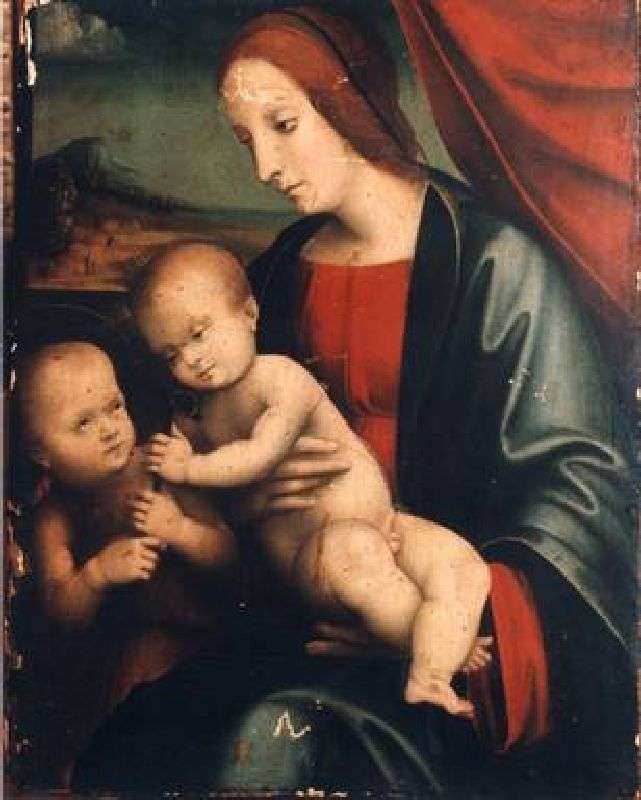 Madonna con Bambino e San Giovannino (dipinto) di Raibolini Francesco detto Francia (bottega) (fine sec. XV)