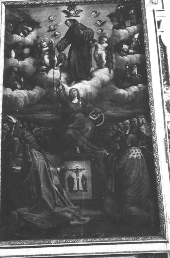 San Francesco distribuisce gli scapolari del suo ordine (dipinto) di Ramazzani Ercole (sec. XVI)
