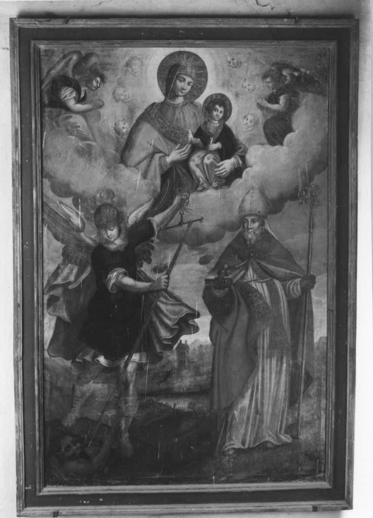Madonna con Bambino in gloria con San Michele Arcangelo e San Nicola di Bari (dipinto) - ambito marchigiano (metà sec. XVII)