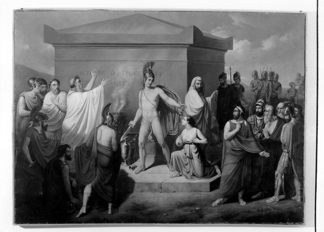 Neottolemo sacrifica Polissena sulla tomba di Achille (dipinto) di Bonarelli Godeardo (sec. XIX)