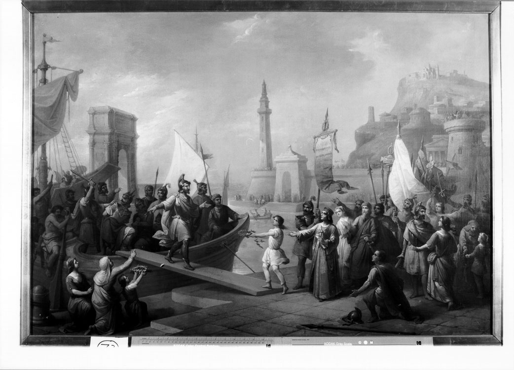 sbarco di Traiano nel porto di Ancona (dipinto) di Podesti Vincenzo (sec. XIX)