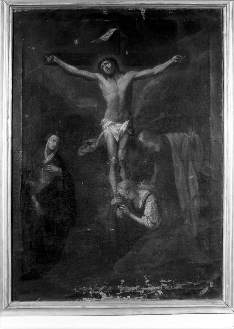 crocifissione di Cristo con la Madonna, San Giovanni Evangelista e Santa Maria Maddalena (dipinto) - ambito marchigiano (metà sec. XVII)