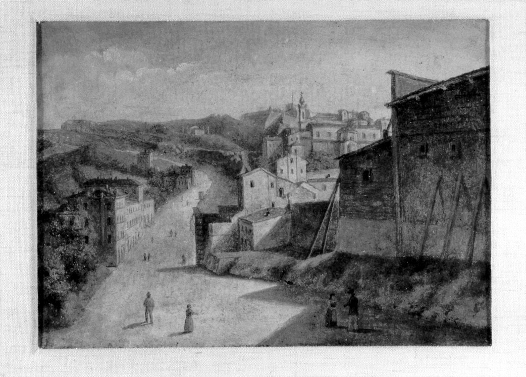 veduta di Ancona dal lato sinistro all'esterno di Porta Calamo (dipinto) di Mariotti Barnaba (attribuito) (sec. XIX)