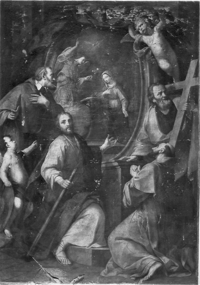 Annunciazione con San Carlo Borromeo, San Giacomo Maggiore, San Francesco e San Giuseppe (dipinto) - ambito bolognese (sec. XVII)