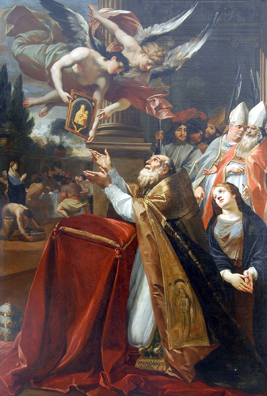 Santa Galla e il pontefice ricevono un quadro con la Madonna (dipinto) di Perrier François (prima metà sec. XVII)