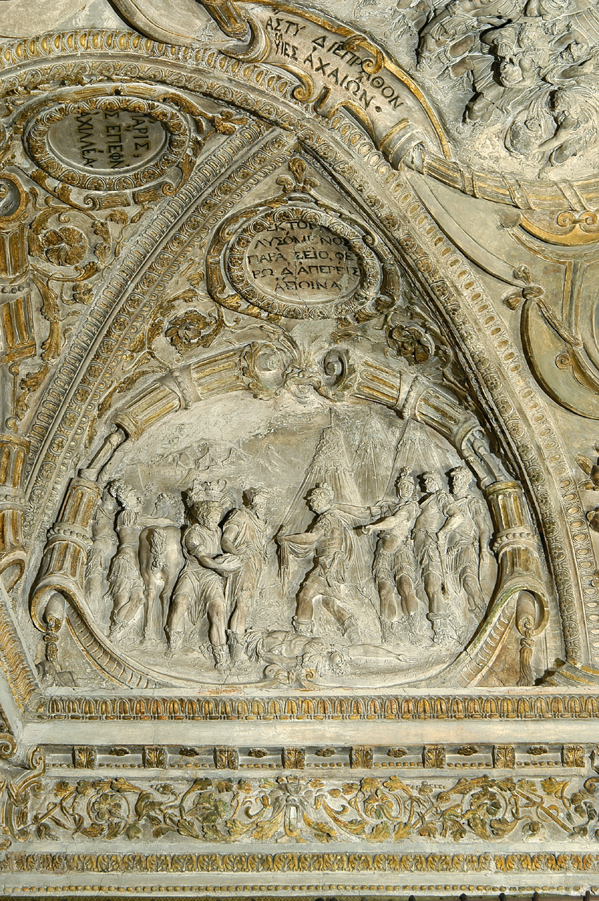 Priamo implora Achille di restituirgli il cadavere di Ettore (decorazione plastica) di Brandani Federico (sec. XVI)