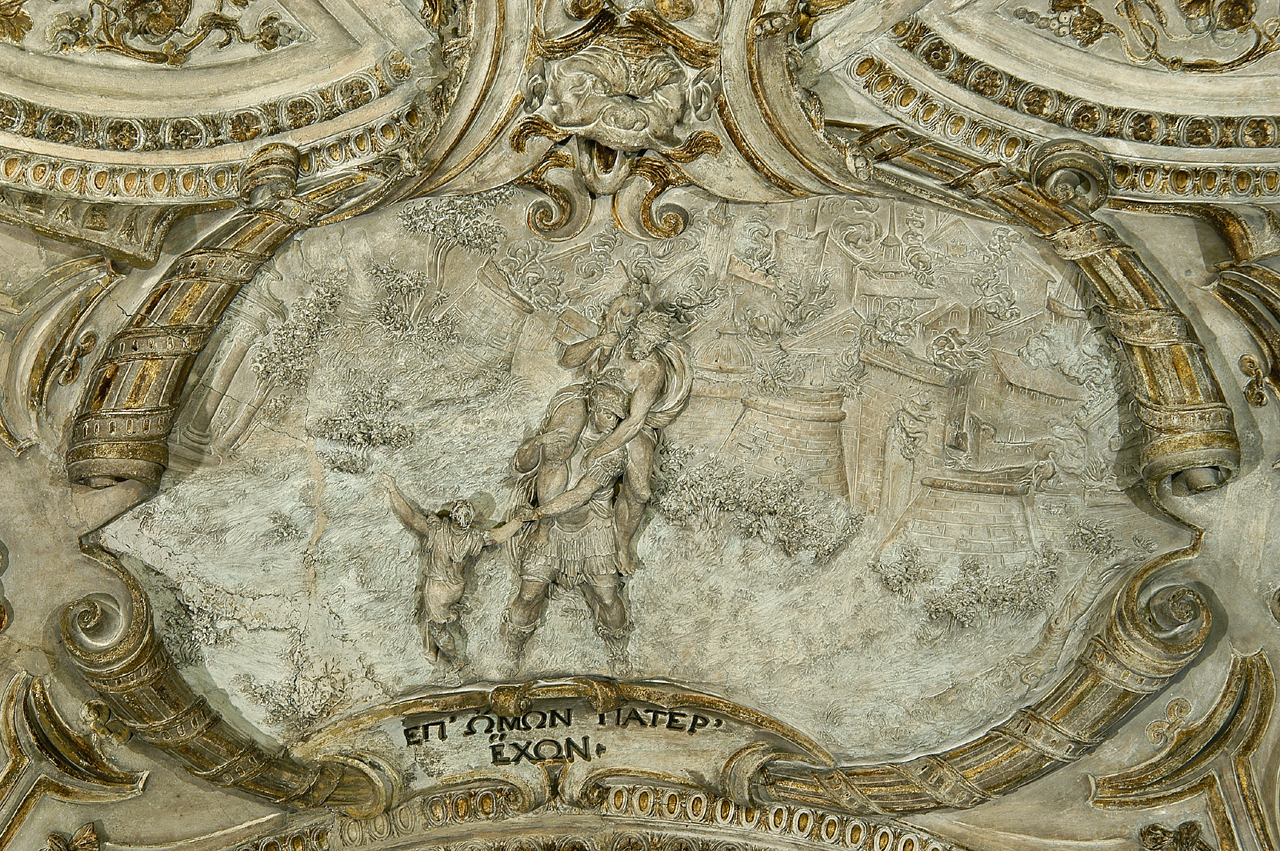 Enea Ascanio e Anchise in fuga da Troia in fiamme (decorazione plastica) di Brandani Federico (sec. XVI)