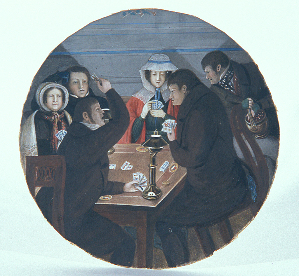 La partita a carte, gruppo di famiglia al tavolo da gioco (dipinto) di Colocci Adriano (attribuito) (sec. XIX)