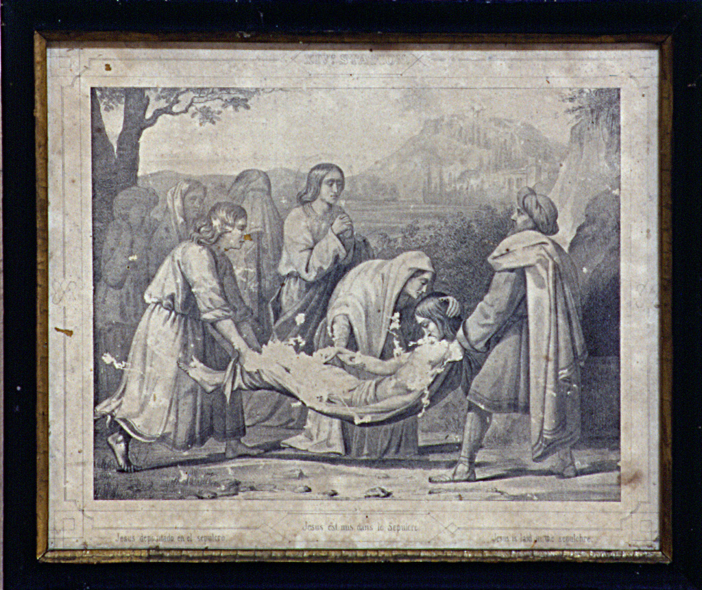 stazione XIV: Gesù deposto nel sepolcro (stampa tagliata, elemento d'insieme) - ambito francese (seconda metà sec. XIX)