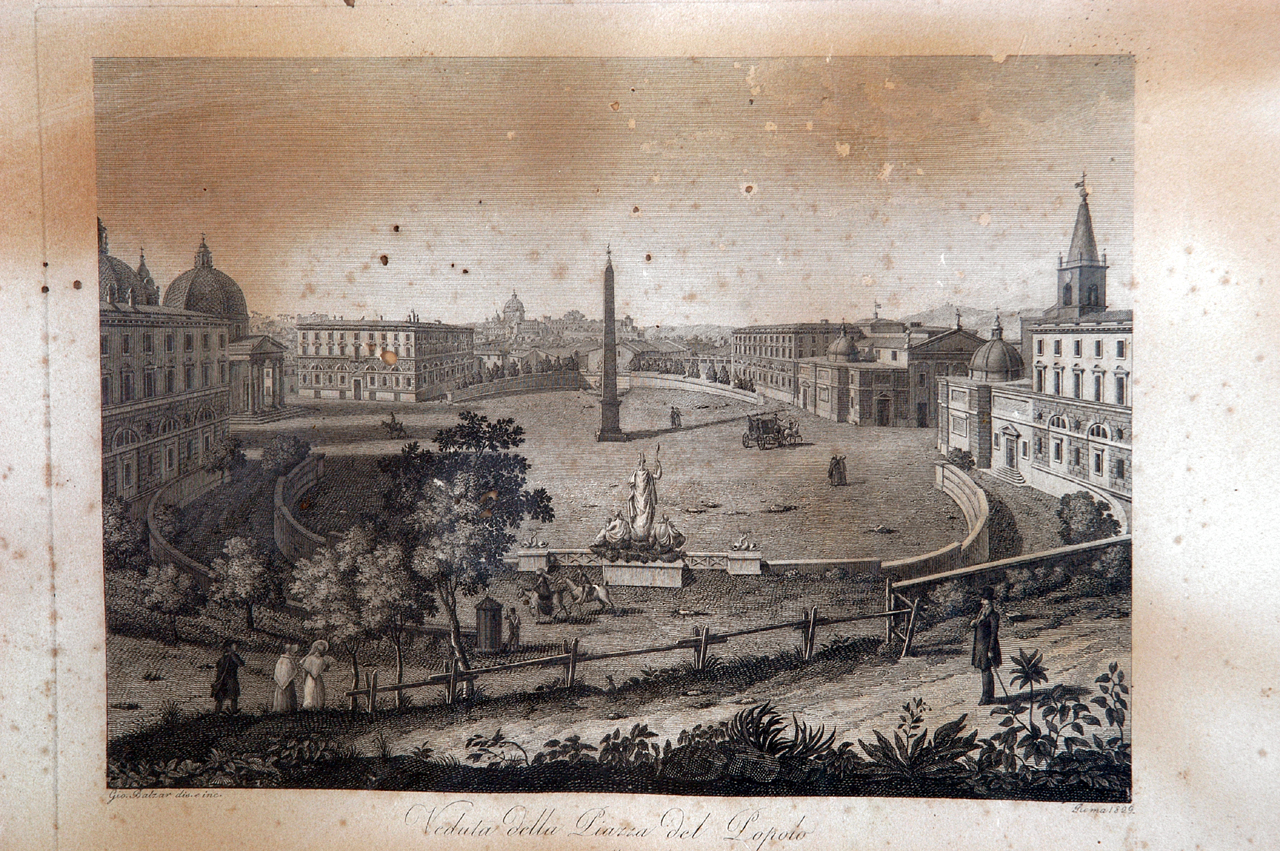 veduta di Piazza del Popolo a Roma (stampa) di Balzar Giovanni Battista (sec. XIX)