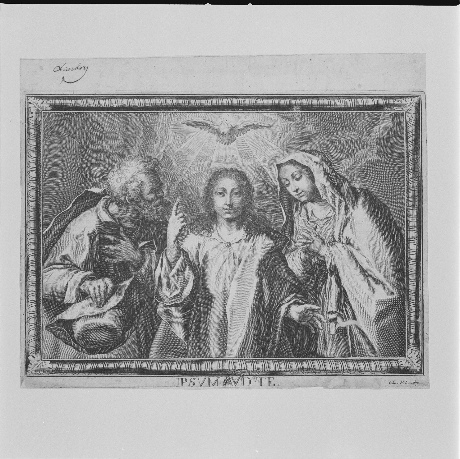 Gesù fanciullo tra la Madonna e San Giuseppe (stampa) di Landry Pierre il Vecchio (sec. XVII)