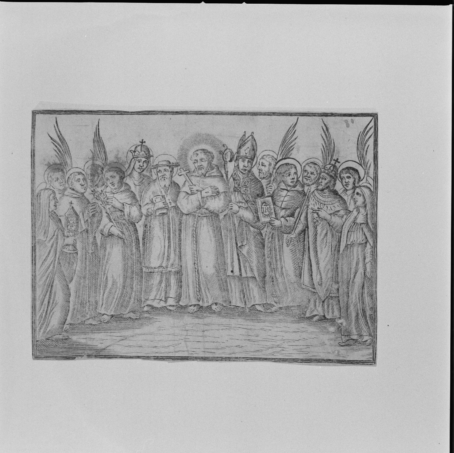 San Francesco d'Assisi, San Chiara, Sant'Antonio da Padova, San Bernardino da Siena e santi (stampa) - ambito italiano (?) (sec. XVII)