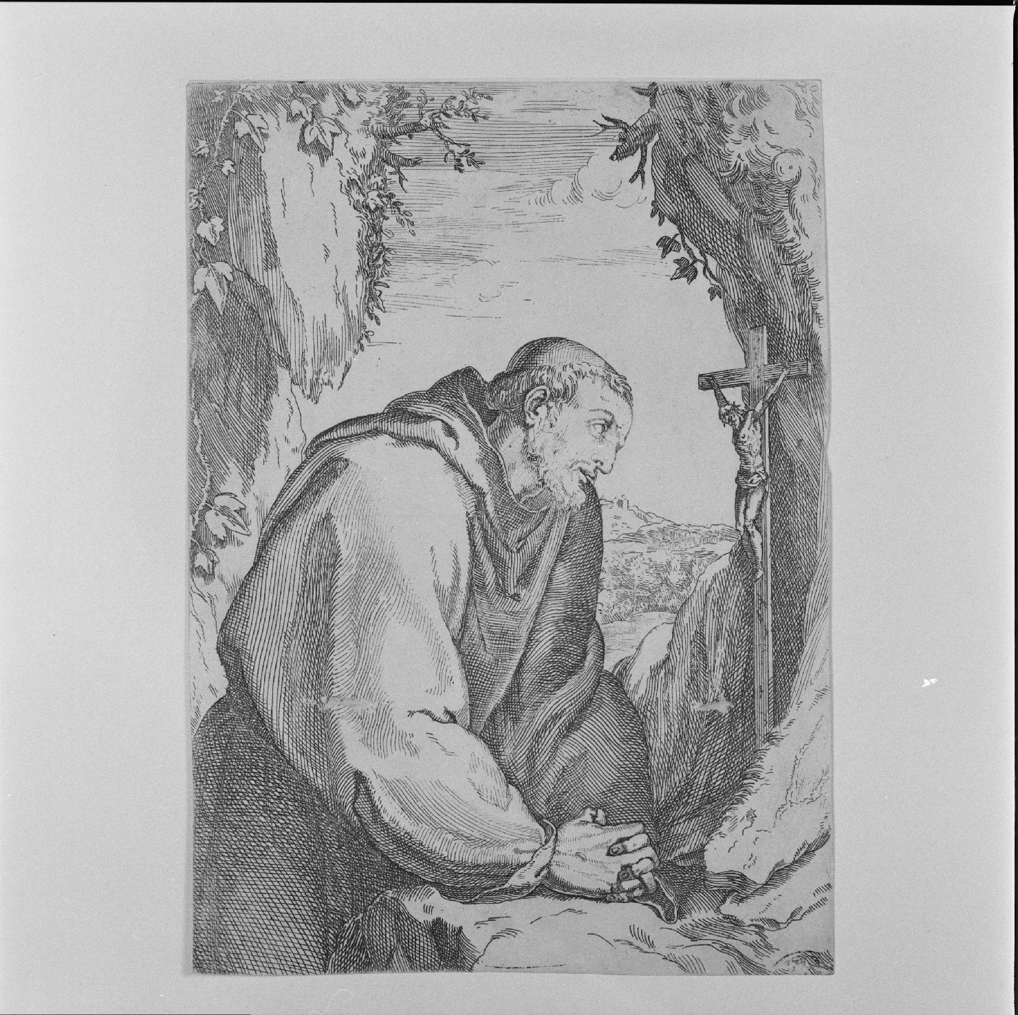 San Francesco d'Assisi contempla il Crocifisso (stampa) - ambito italiano (sec. XVII)