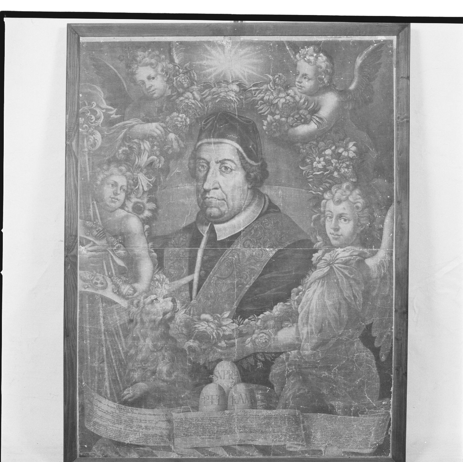 Ritratto di papa Clemente XI coronato dagli angeli (stampa) di Strobl Guglielmo, Baumgartener Georg (sec. XIX)