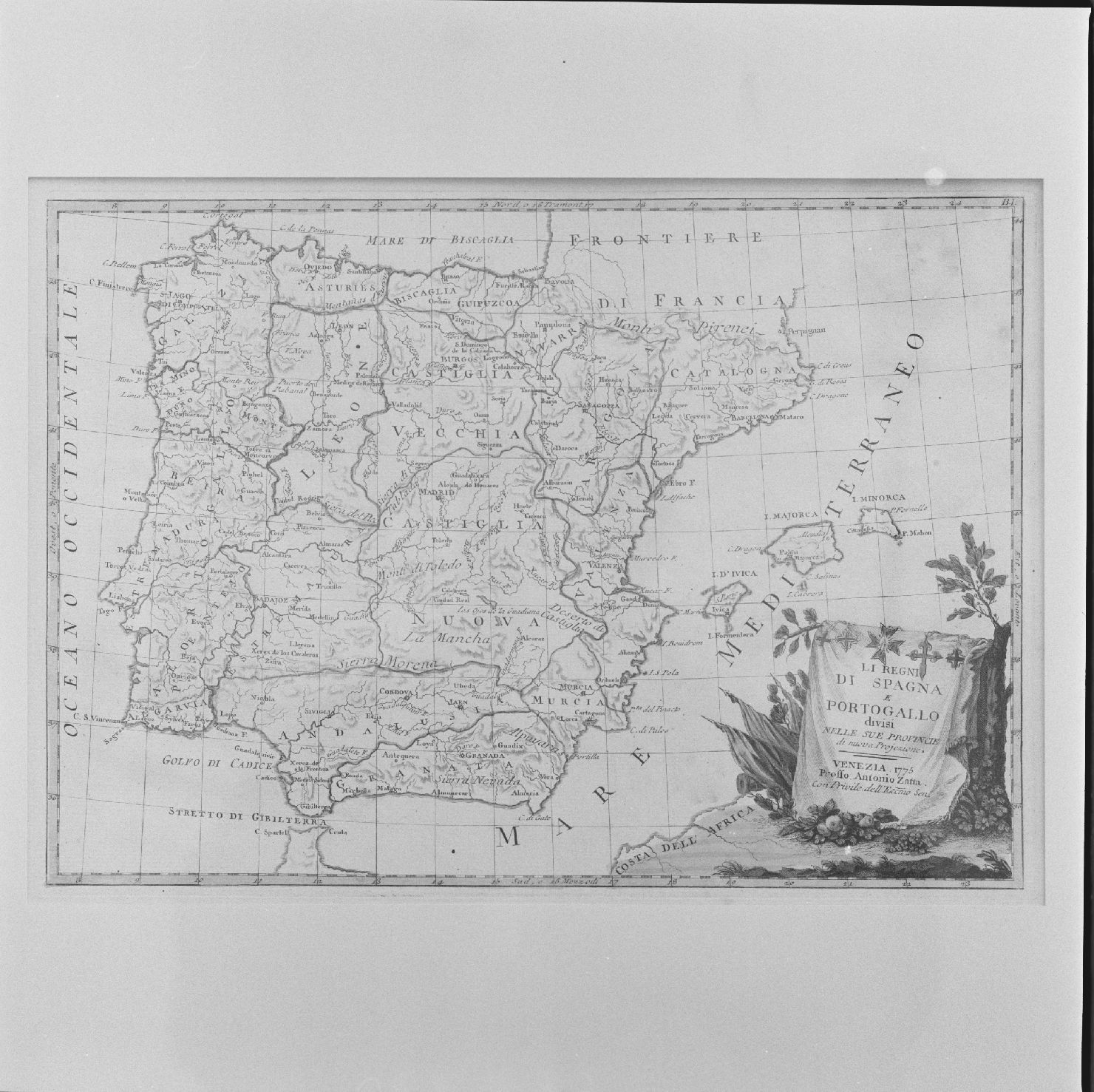 carta geografica della penisola Iberica (stampa colorata a mano, elemento d'insieme) - ambito europeo, ambito veneziano, ambito veneziano (sec. XVIII)