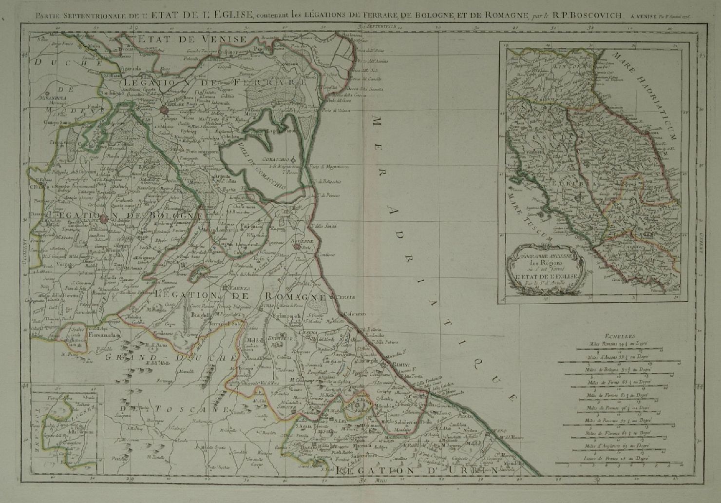 carta geografica dello parte settentrionale dello Stato Pontificio (stampa a colori smarginata) di Boscovich Ruggero Giuseppe (sec. XVIII)