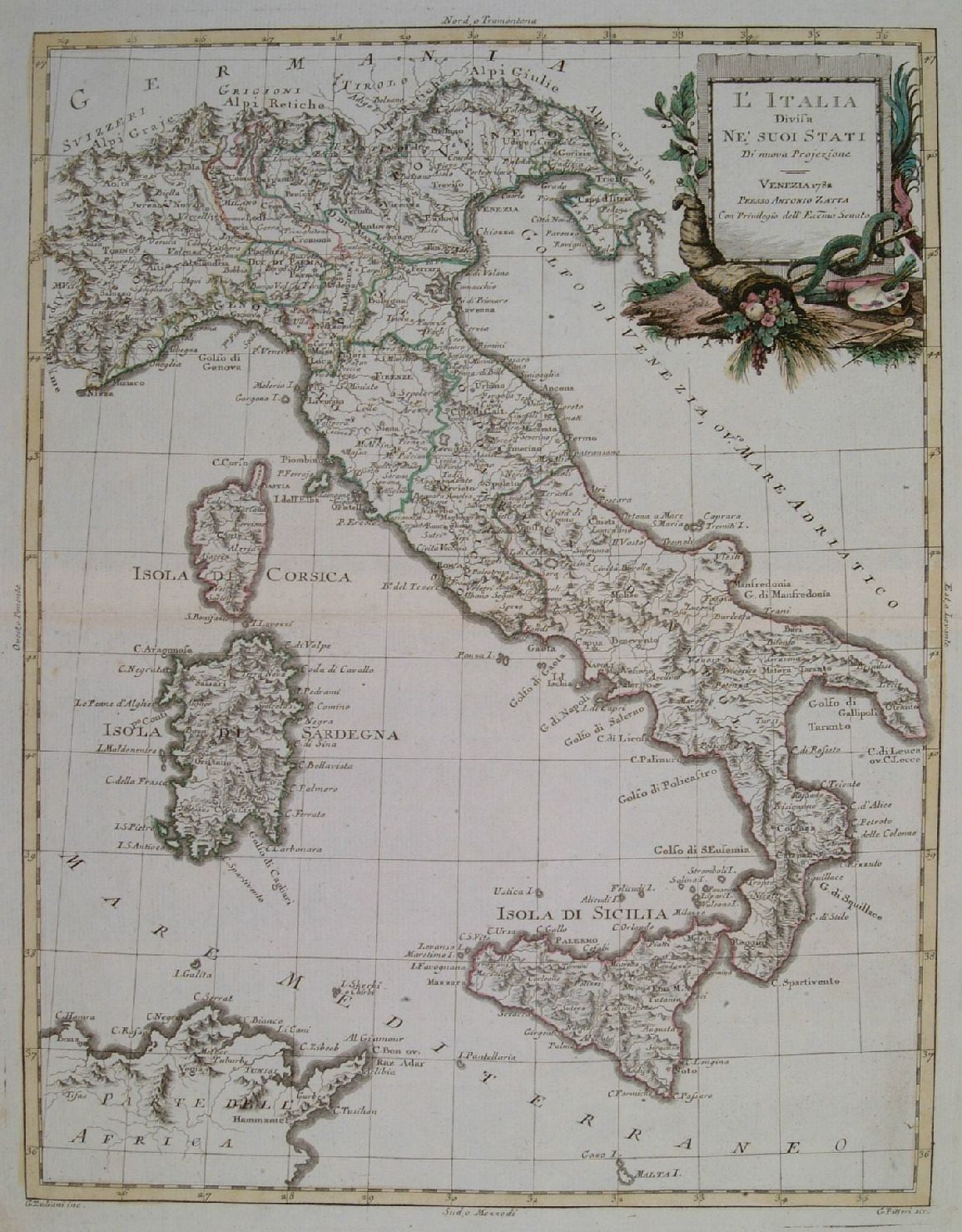 carta geografica dell'Italia (stampa a colori) di Zuliani Giuliano, Pitteri Giovanni (sec. XVIII)