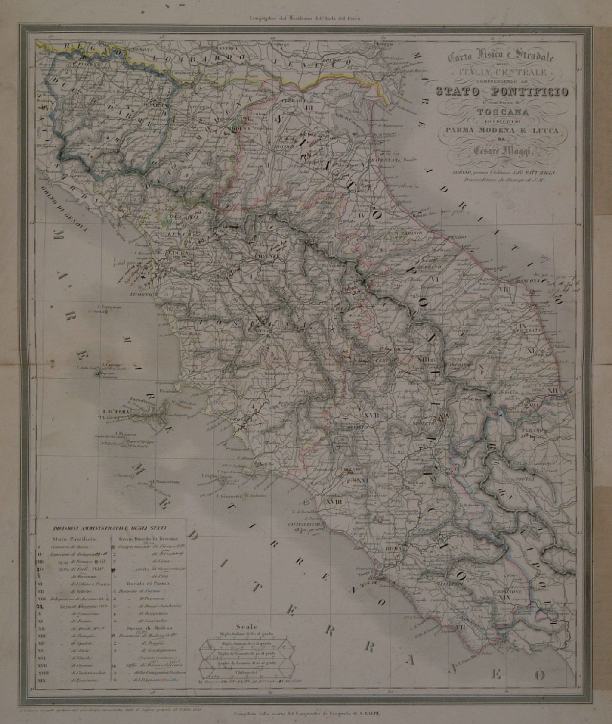 carta geografica dell' Italia centrale (stampa a colori) di Maggi Cesare (sec. XIX)