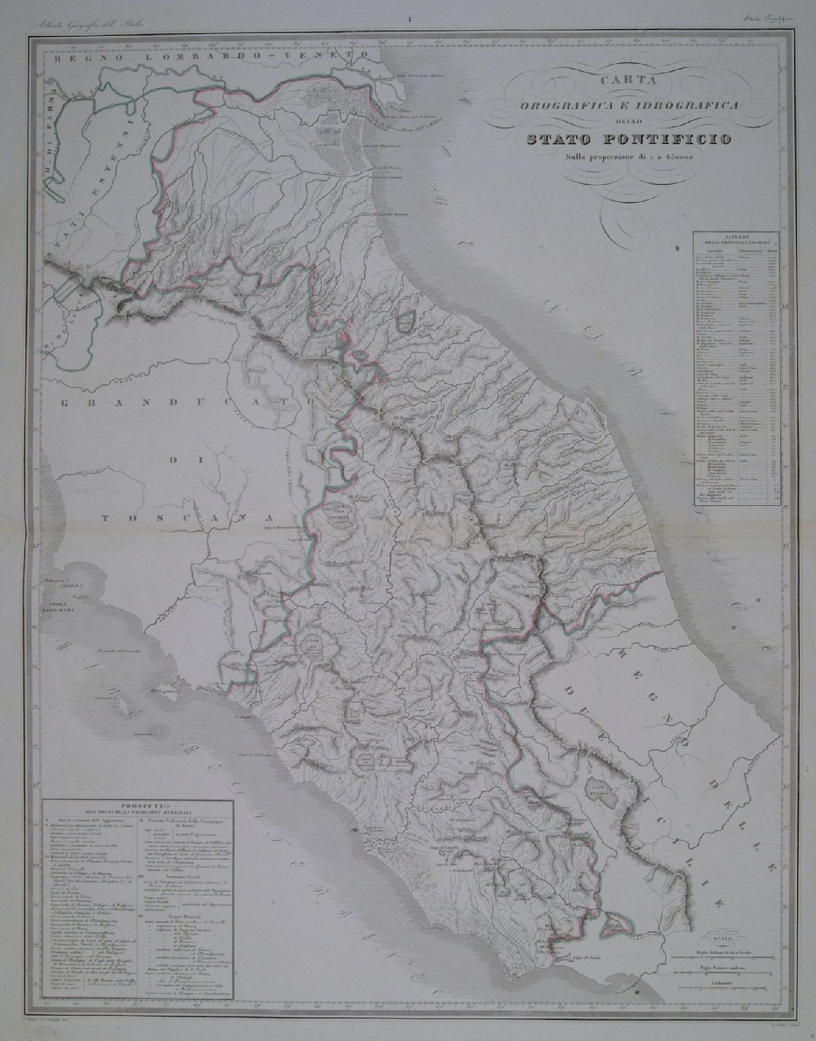 carta orografica e idrografica dello Stato Pontificio (stampa) di Pozzi G, Maina G, Stanghi V (sec. XIX)
