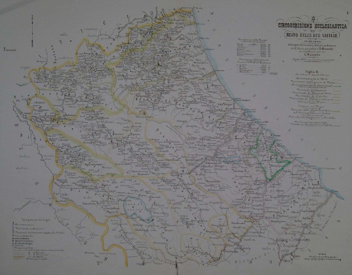 carta geografica del Regno delle due Sicilie (stampa a colori smarginata) di Marzolla B (sec. XIX)