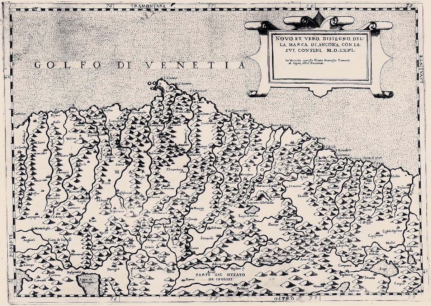 carta geografica della Marca di Ancona (stampa smarginata) di Camotio Giovanni Francesco (sec. XVI)