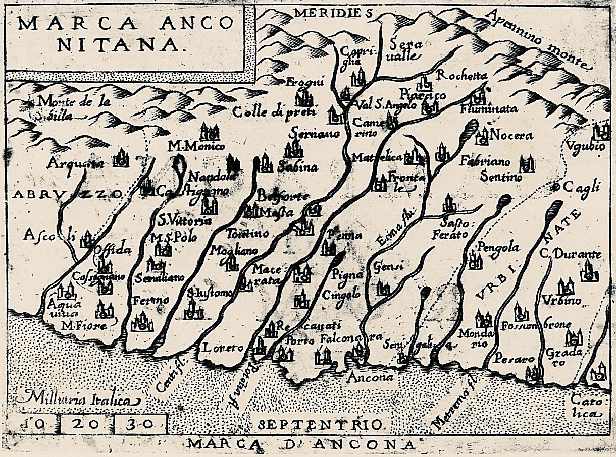 carta geografica della Marca di Ancona (stampa smarginata) di Ortelio Abramo (sec. XVI)