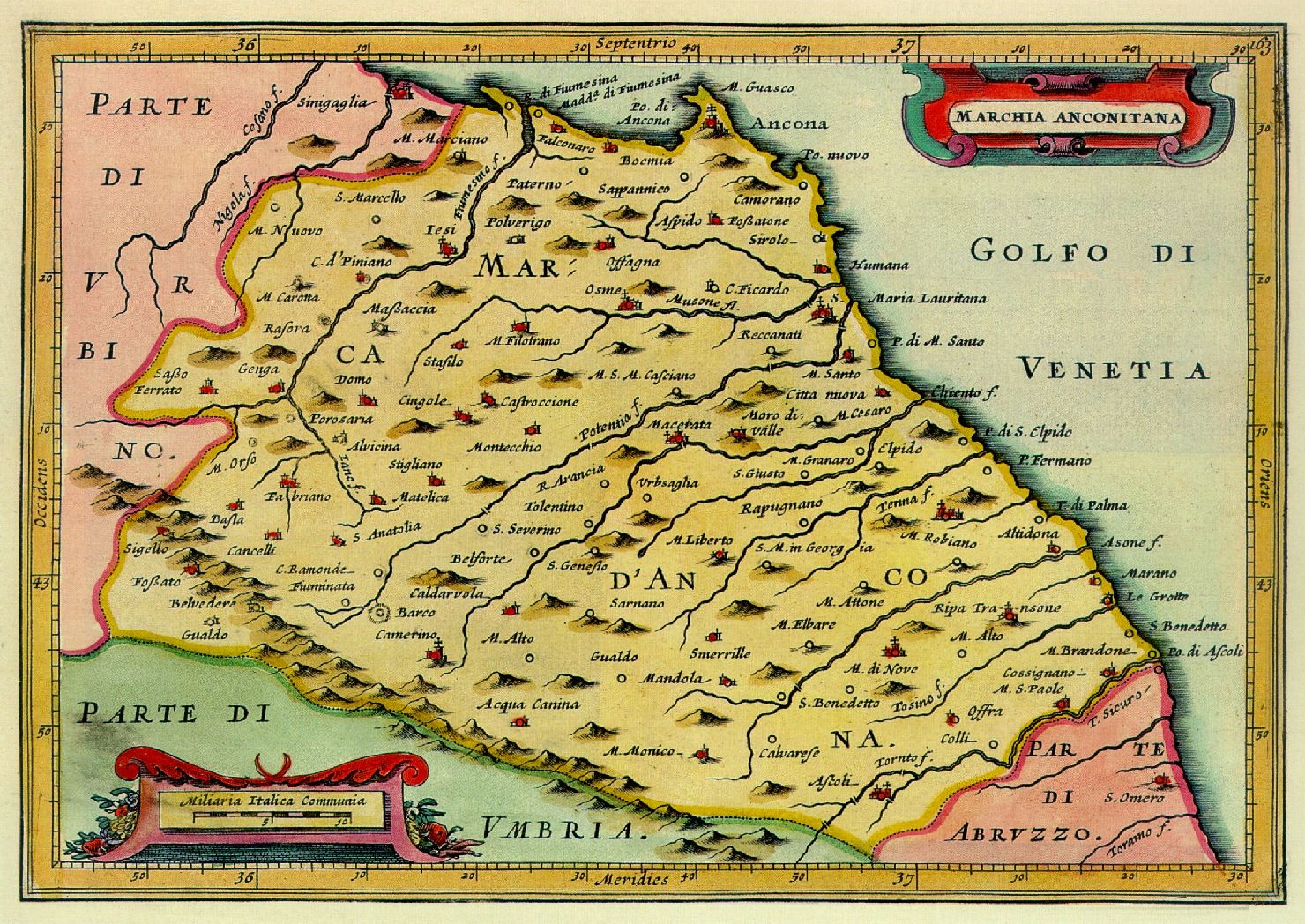 carta geografica della Marca di Ancona (stampa a colori) di Hondius Jodocus il Giovane (sec. XVII)