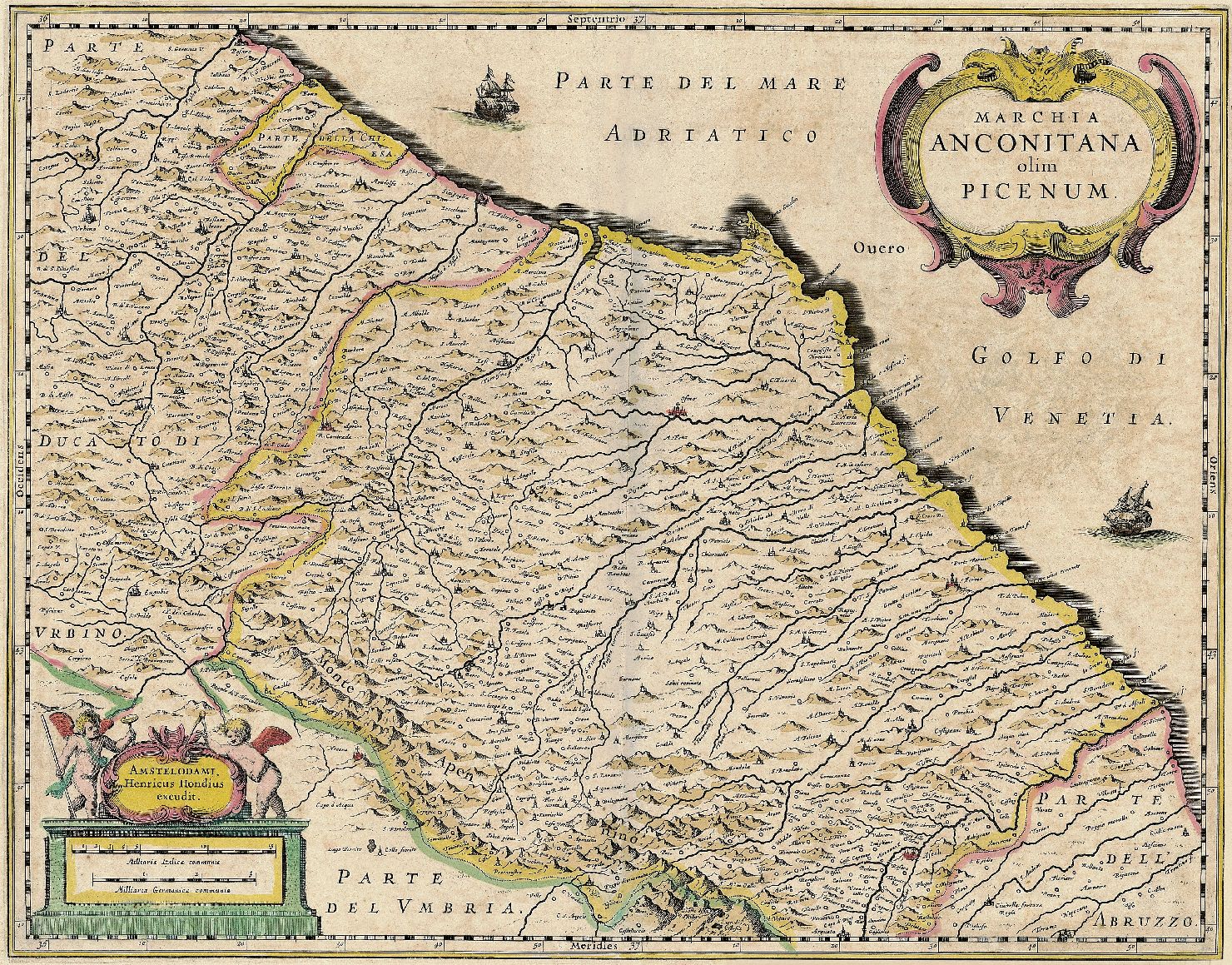 carta geografica della Marca di Ancona (stampa a colori smarginata) di Hondius Henricus, Jansson Jan (sec. XVII)