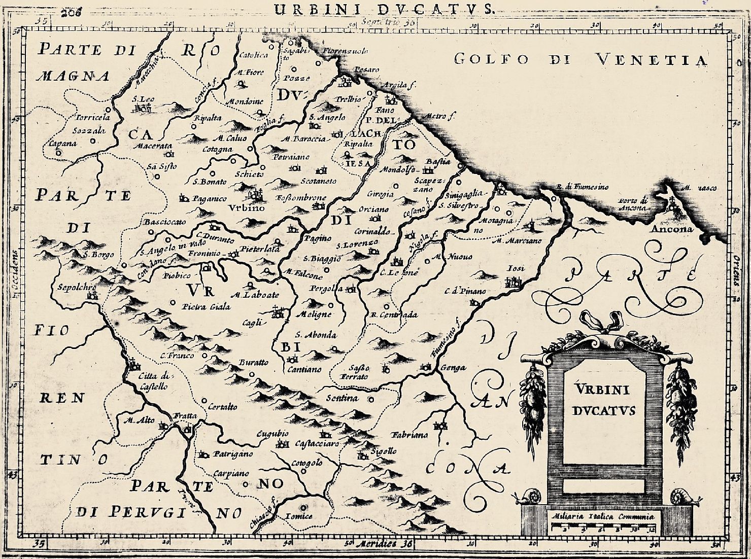 carta geografica del Ducato di Urbino (stampa smarginata) di Hondius Jodocus il Giovane (sec. XVII)