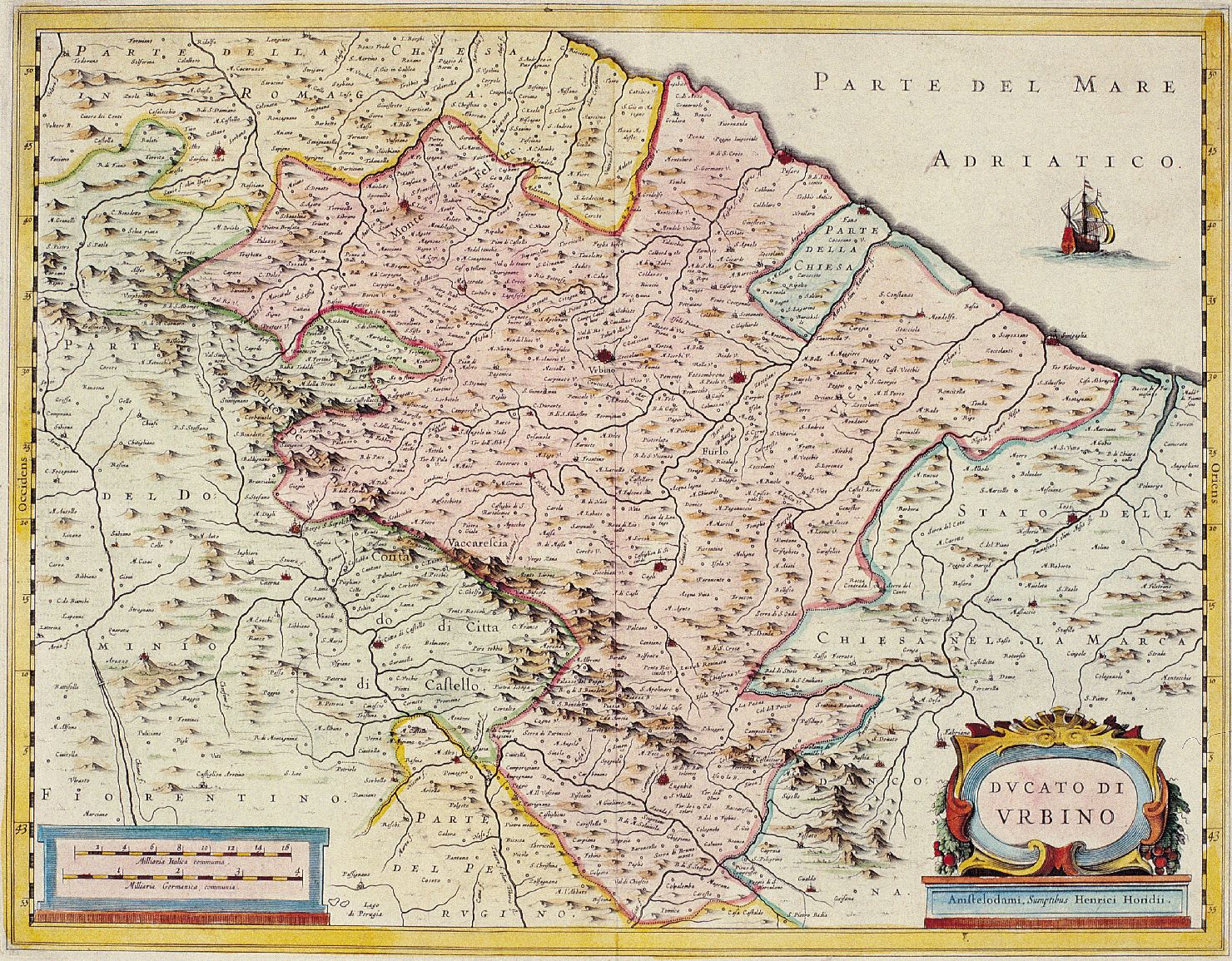 carta geografica del Ducato di Urbino (stampa a colori smarginata) di Hondius Henricus, Jansson Jan (sec. XVII)