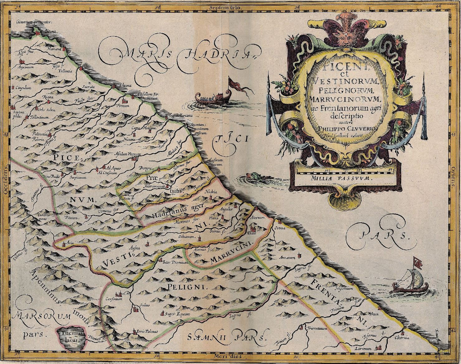 carta geografica del Piceno (stampa a colori smarginata) di Cluver Philip, Geilkerck Nicol (sec. XVII)