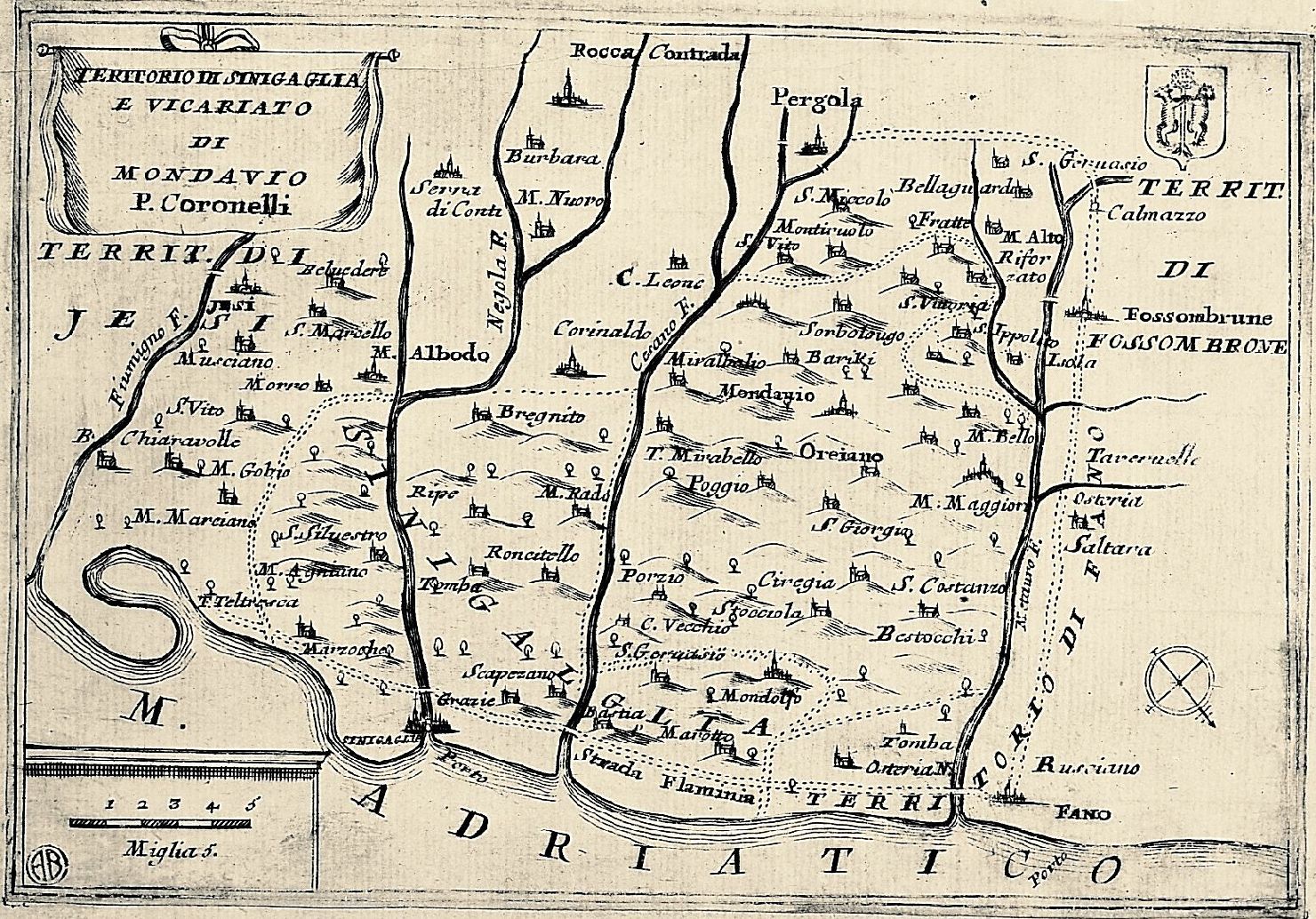 carta geografica del territorio di Senigallia e del Vicariato di Mondavio (stampa smarginata) di Coronelli Vincenzo Maria (sec. XVIII)