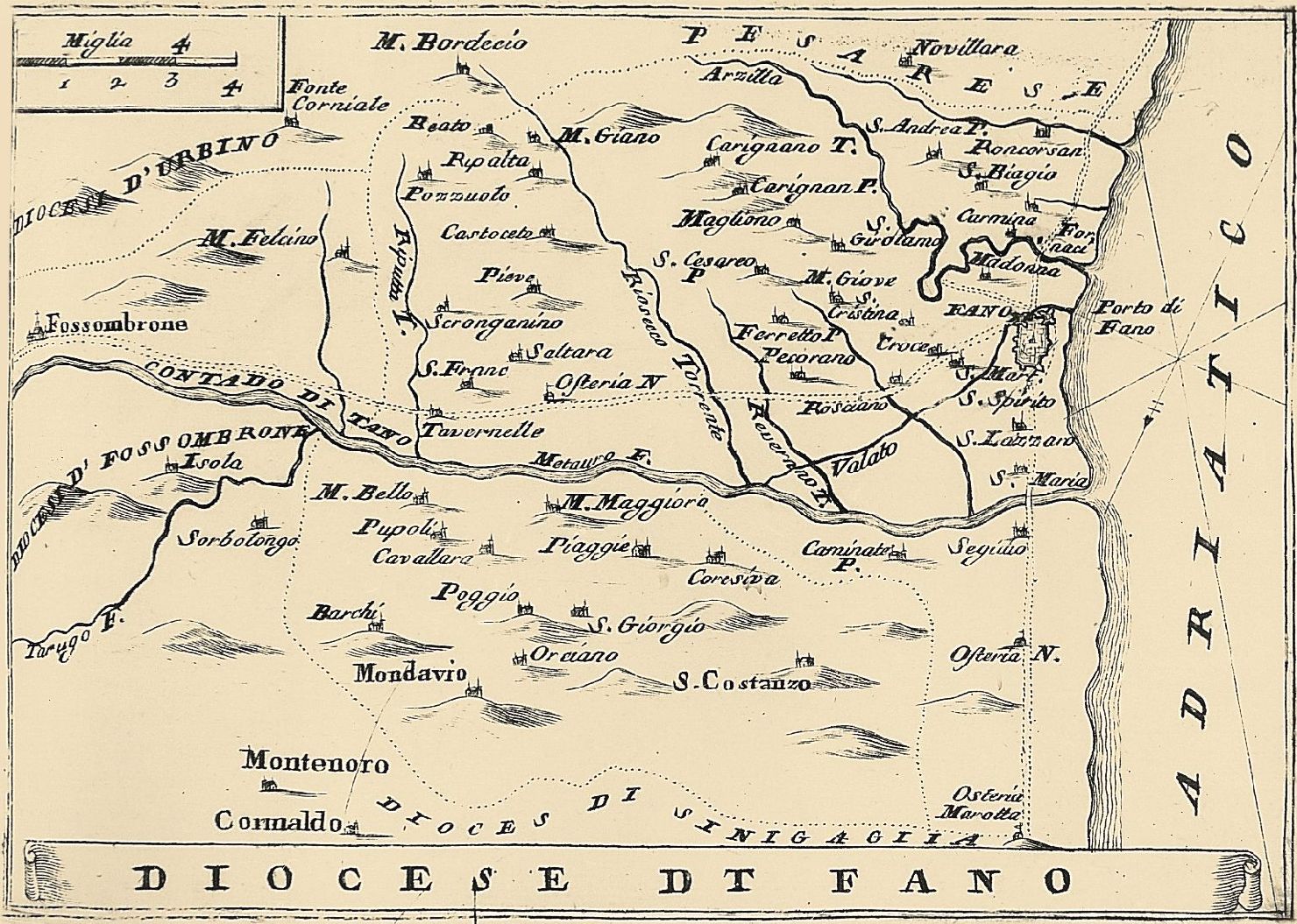 carta geografica della diocesi di Fano (stampa smarginata) di Coronelli Vincenzo Maria (sec. XVIII)