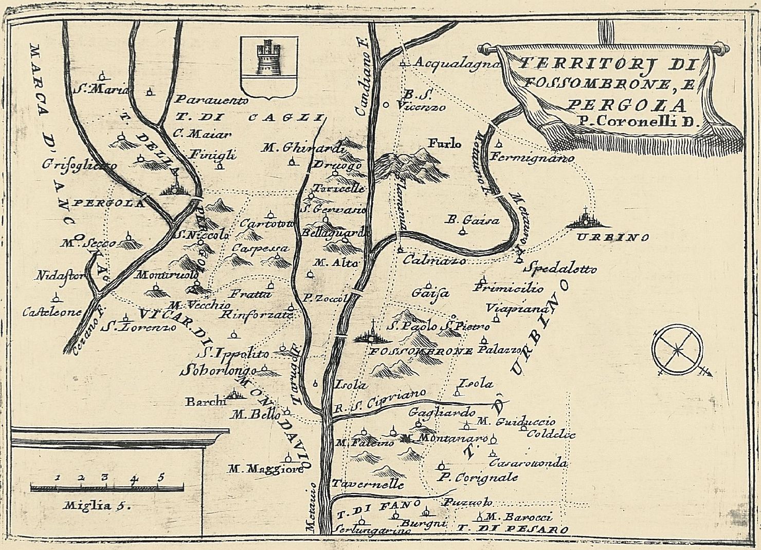 carta geografica del territorio di Fossombrone e Pergola (stampa smarginata) di Coronelli Vincenzo Maria (sec. XVIII)