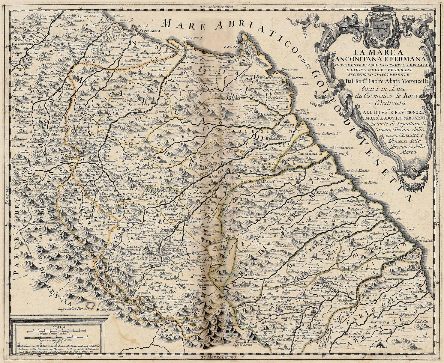 carta geografica della Marca di Ancona e Fermo (stampa a colori smarginata) di Moroncelli Silvestro Amanzio, Pietrasanta Gasparo (sec. XVIII)