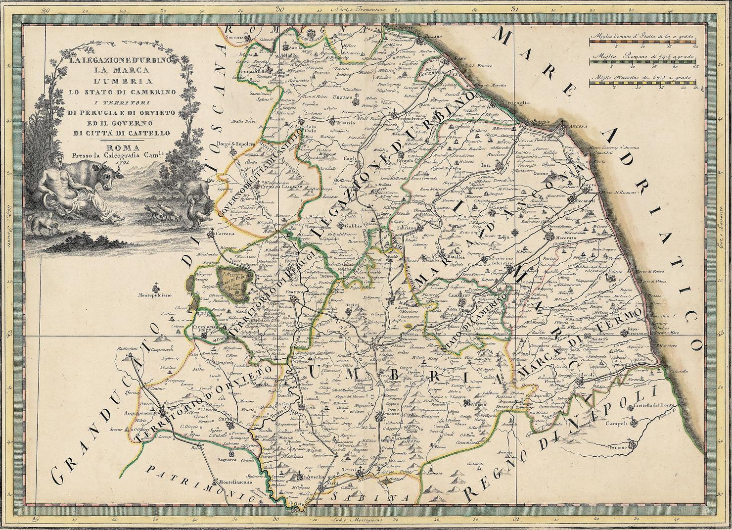 carta geografica della legazione di Urbino, dell'Umbria e delle Marche (stampa a colori smarginata) di Cassini Giovanni Maria (sec. XVIII)