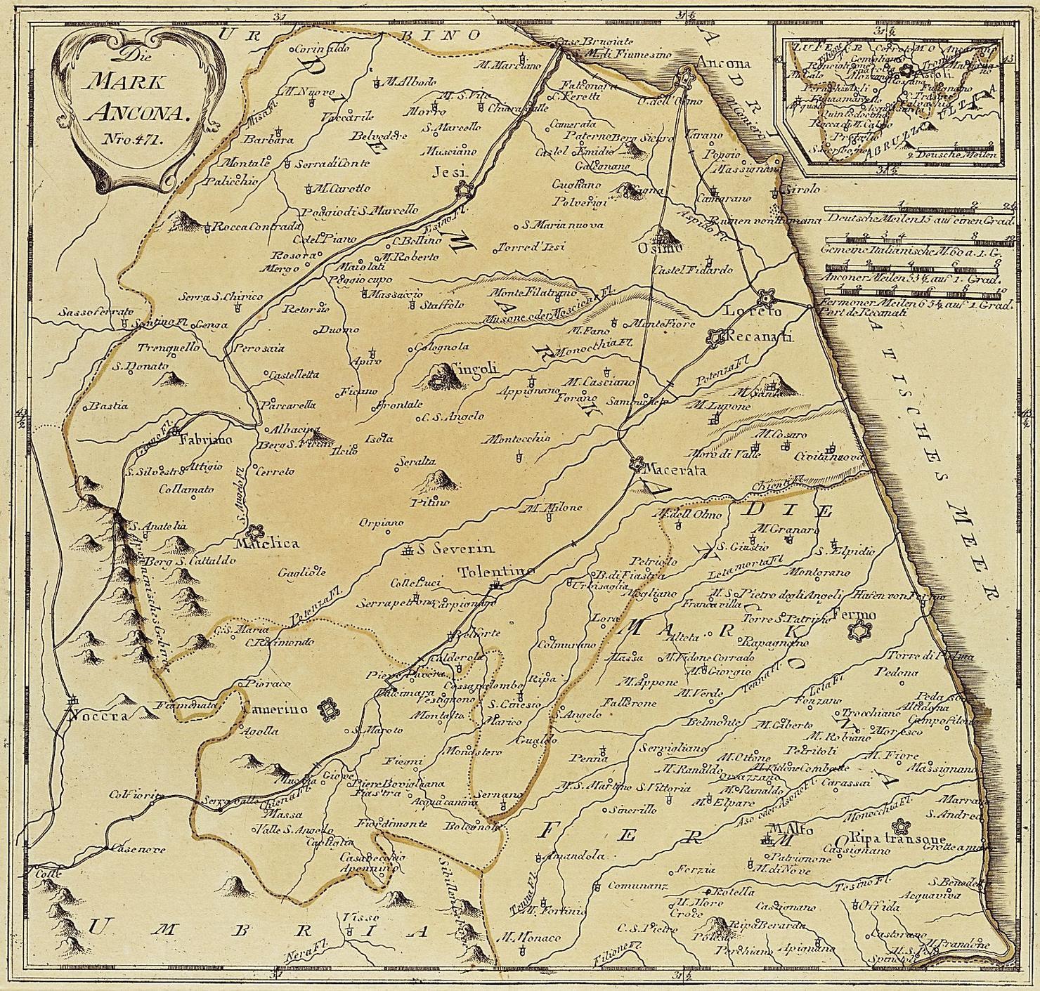 carta geografica della Marca di Ancona (stampa a colori smarginata) di Reilly Franz Johann Joseph von (secc. XVIII/ XIX)