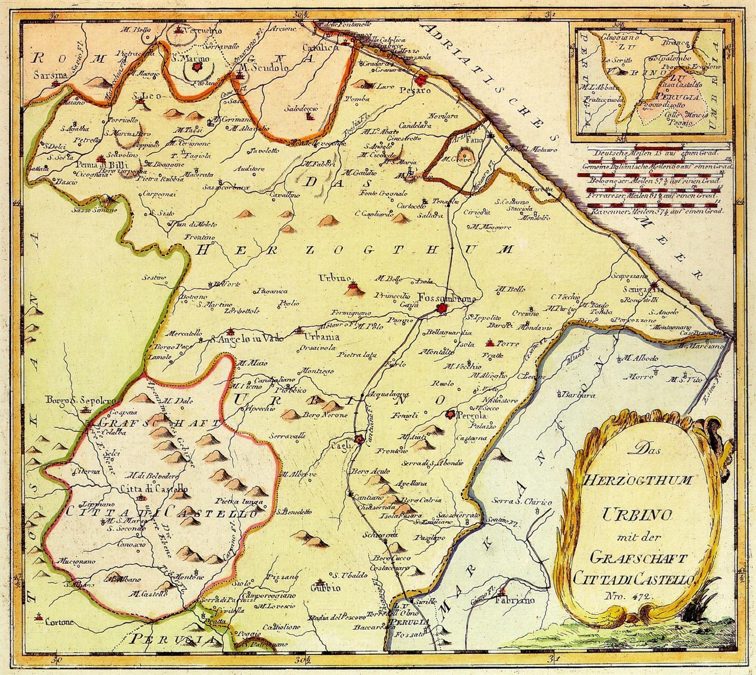 carta geografica del territorio di Urbino e di Città di Castello (stampa a colori smarginata) di Reilly Franz Johann Joseph von (secc. XVIII/ XIX)