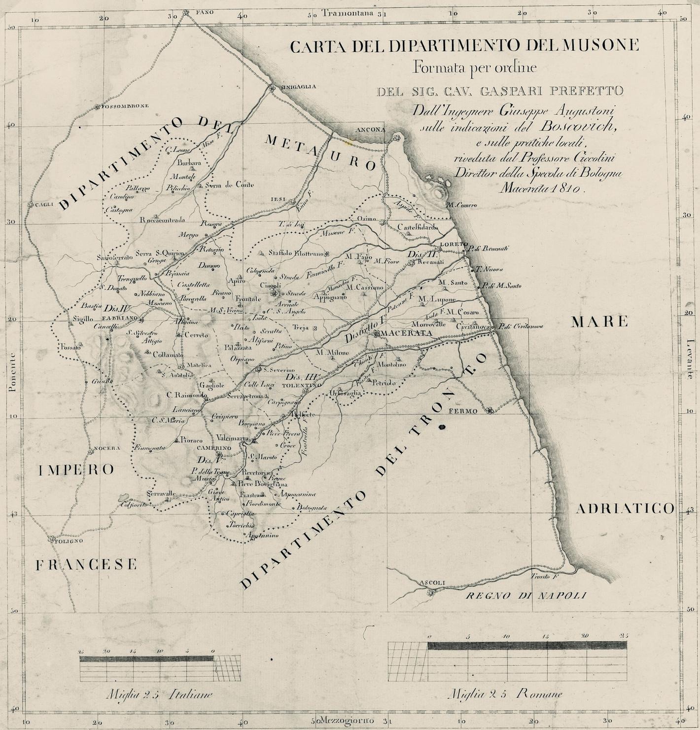 carta geografica del Dipartimento del Musone (stampa smarginata) di Augustoni Giuseppe (sec. XIX)